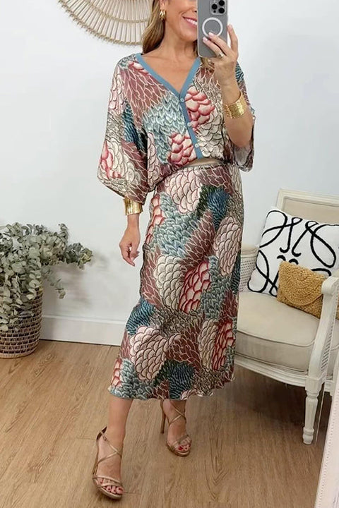 Karleedress 3/4 Sleeves Button Up Top and High Waist Maxi Skirt Printed Set