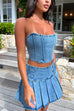 Karleedress Crop Tube Top High Rise Slit Pleated Mini Skirt Denim Set