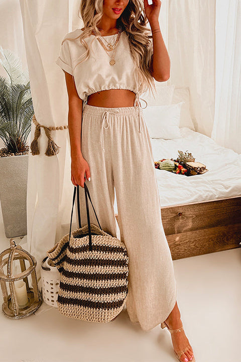 Karleedress Drawstring Hem Crop Top Wide Leg Pants Loungewear Set