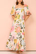 Karleedress Square Collar Puff Sleeves Floral Print Cotton Linen Ruffle Maxi Dress