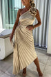 Karleedress 3D Rose One Shoulder Cut Out Waist Asymmetric Hem Pleated Maxi Dress