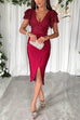 Karleedress V Neck Ruffle Sleeves Slit Sequin Midi Party Dress