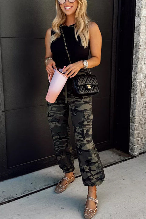 Karleedress Camo Drawstring Waist Pocketed Cargo Pants