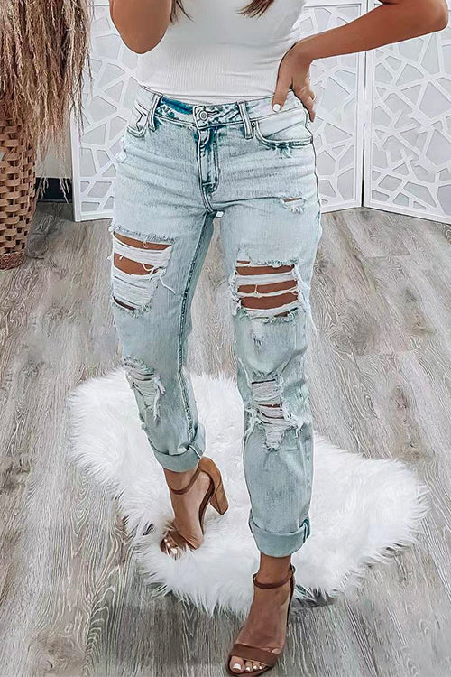 Karleedress Distressed High Rise Ripped Boyfriend Denim Pants