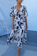 Karleedress V Neck Puff Sleeves Printed Maxi Flowy Dress