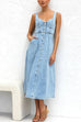 Karleedress Distressed Button Down Pocketed Denim A-line Midi Cami Dress