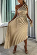 Karleedress 3D Rose One Shoulder Cut Out Waist Asymmetric Hem Pleated Maxi Dress