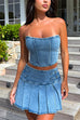 Karleedress Crop Tube Top High Rise Slit Pleated Mini Skirt Denim Set