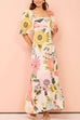 Karleedress Square Collar Puff Sleeves Floral Print Cotton Linen Ruffle Maxi Dress