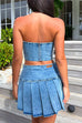 Karleedress Crop Tube Top High Rise Slit Pleated Mini Skirt Denim Set