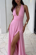 Karleedress Deep V Neck Halter Tie Knot Backless Slit Maxi Dress