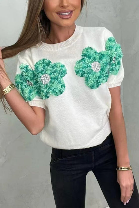 Karleedress Crewneck Short Sleeves 3D Flower Sweater Top