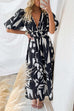 Karleedress V Neck Puff Sleeves Printed Maxi Flowy Dress