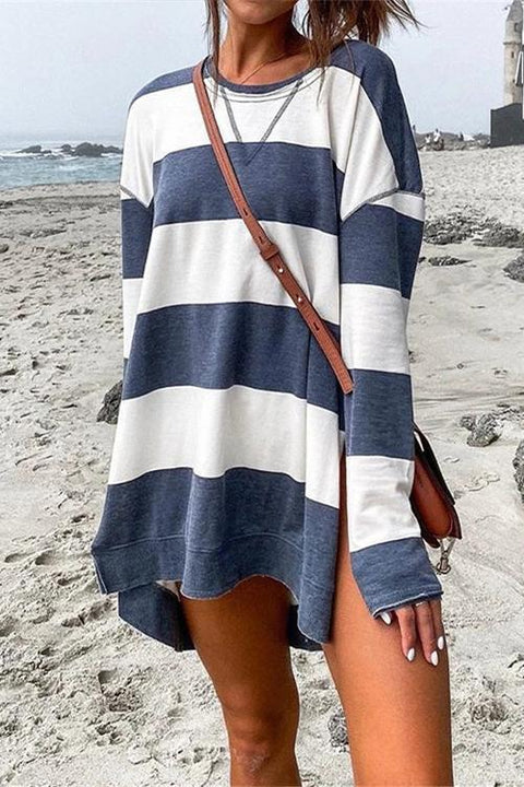 Karleedress Crewneck Side Split High Low Hem Striped Pullovers