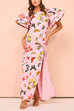 Karleedress Flounce Sleeves Drawstring Slit Printed Maxi Dress