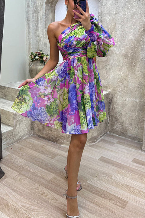 Karleedress Ruched One Shoulder Waisted Floral Print Flowy Dress