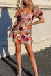 Karleedress V Neck Puff Sleeves Embroidered Floral Mini Dress