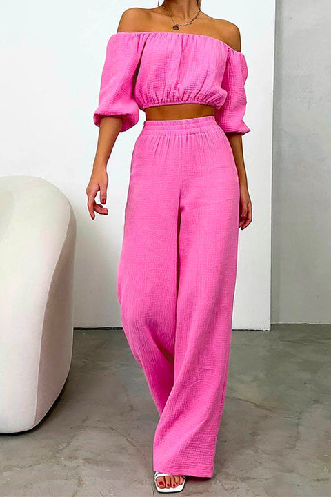 Karleedress Off Shoulder Half Sleeves Crop Top Wide Leg Pants Set