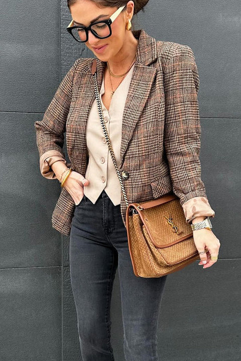 Karleedress Lapel Single Button Classic Plaid Blazer