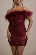 Karleedress Off Shoulder Feather Trim Sequin Mini Party Dress