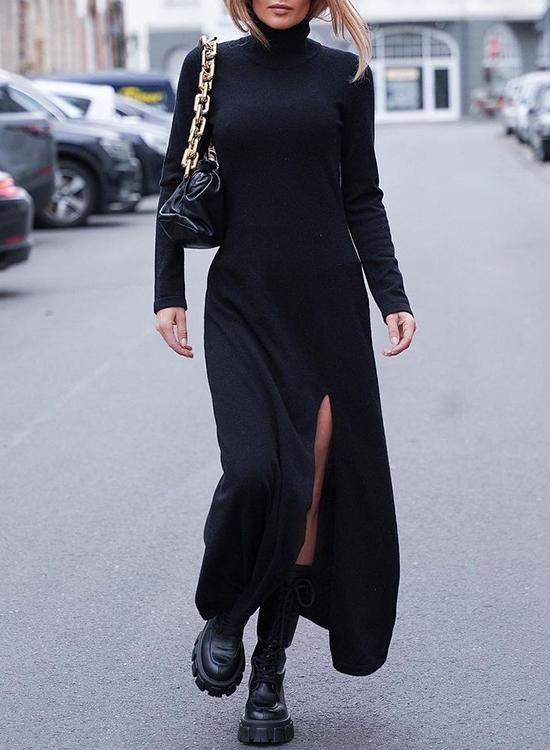 Karleedress Turtleneck Long Sleeve High Split Maxi Dress