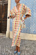 Karleedress V Neck Lantern Sleeves Geometric Print Maxi Dress