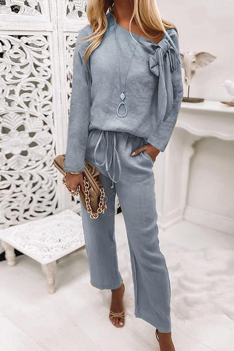 Karleedress Side Bow Knot Neck Pullover Tie Waist Pants Lounge Set