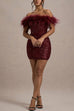 Karleedress Off Shoulder Feather Trim Sequin Mini Party Dress