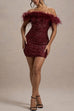 Karleedress Off Shoulder Feather Trim Sequin Mini Party Dress