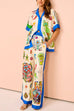 Karleedress Graffiti Print Short Sleeves Blouse Shirt Drawstring Waist Wide Leg Pants Satin Set