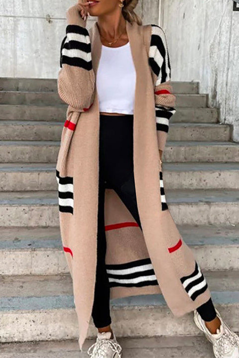 Karleedress Open Front Color Block Striped Splice Long Sweater Cardigan