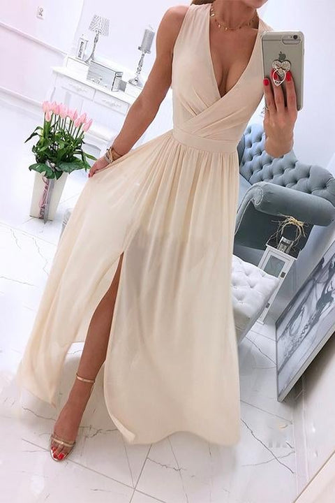 Karleedress Deep V Neck Slit  Ruched Sleeveless Party Dress