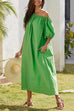 Karleedress Off Shoulder Puff Sleeves Pocketed Baggy Midi Dress