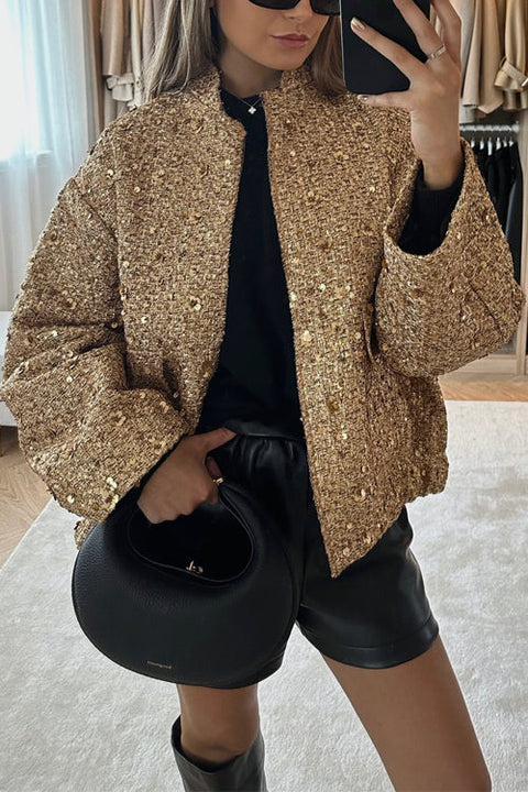 Karleedress Stand Collar Zip Up Pocketed Sequin Jacket