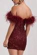 Karleedress Off Shoulder Feather Trim Sequin Mini Party Dress