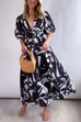 Karleedress V Neck Half Sleeves Waisted Printed Maxi Swing Dress