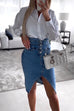 Karleedress High Waist Slit Front Knee Length Denim Skirt