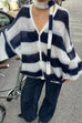 Karleedress Lantern Sleeves Button Down Color Block Stripes Sweater with Scarf