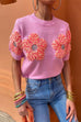 Karleedress Crewneck Short Sleeves 3D Flower Sweater Top