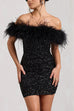 Karleedress Off Shoulder Feather Trim Sequin Mini Party Dress