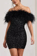 Karleedress Off Shoulder Feather Trim Sequin Mini Party Dress