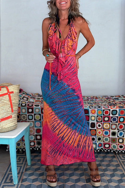 Karleedress Ruffle Trim Halter Lace-up Backless Tie Dye Maxi Dress