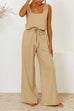 Karleedress Square Collar Crop Tank Top Tie Waist Wide Leg Pants Cotton Linen Set