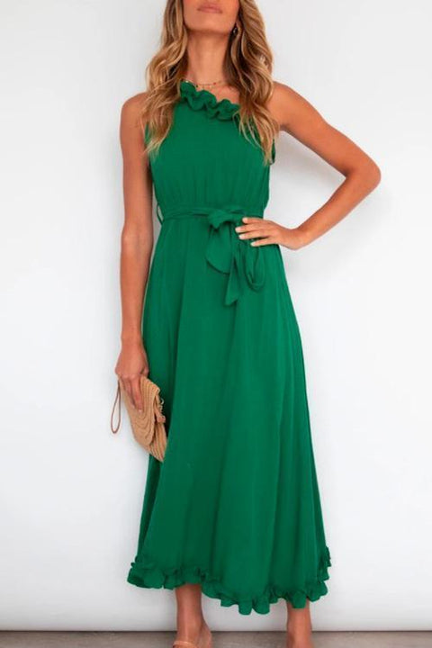 Karleedress One Shoulder Sleeveless Tie Waist Ruffle Swing Dress