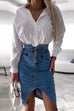 Karleedress High Waist Slit Front Knee Length Denim Skirt