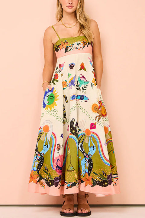 Karleedress Spaghetti Strap High Waist Unique Print Maxi Swing Dress