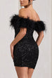 Karleedress Off Shoulder Feather Trim Sequin Mini Party Dress