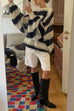 Karleedress Lantern Sleeves Button Down Color Block Stripes Sweater with Scarf