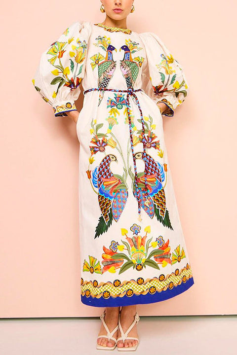 Karleedress 3/4 Puff Sleeves Back Slit Birdie Printed Maxi Dress