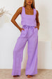 Karleedress Square Collar Crop Tank Top Tie Waist Wide Leg Pants Cotton Linen Set